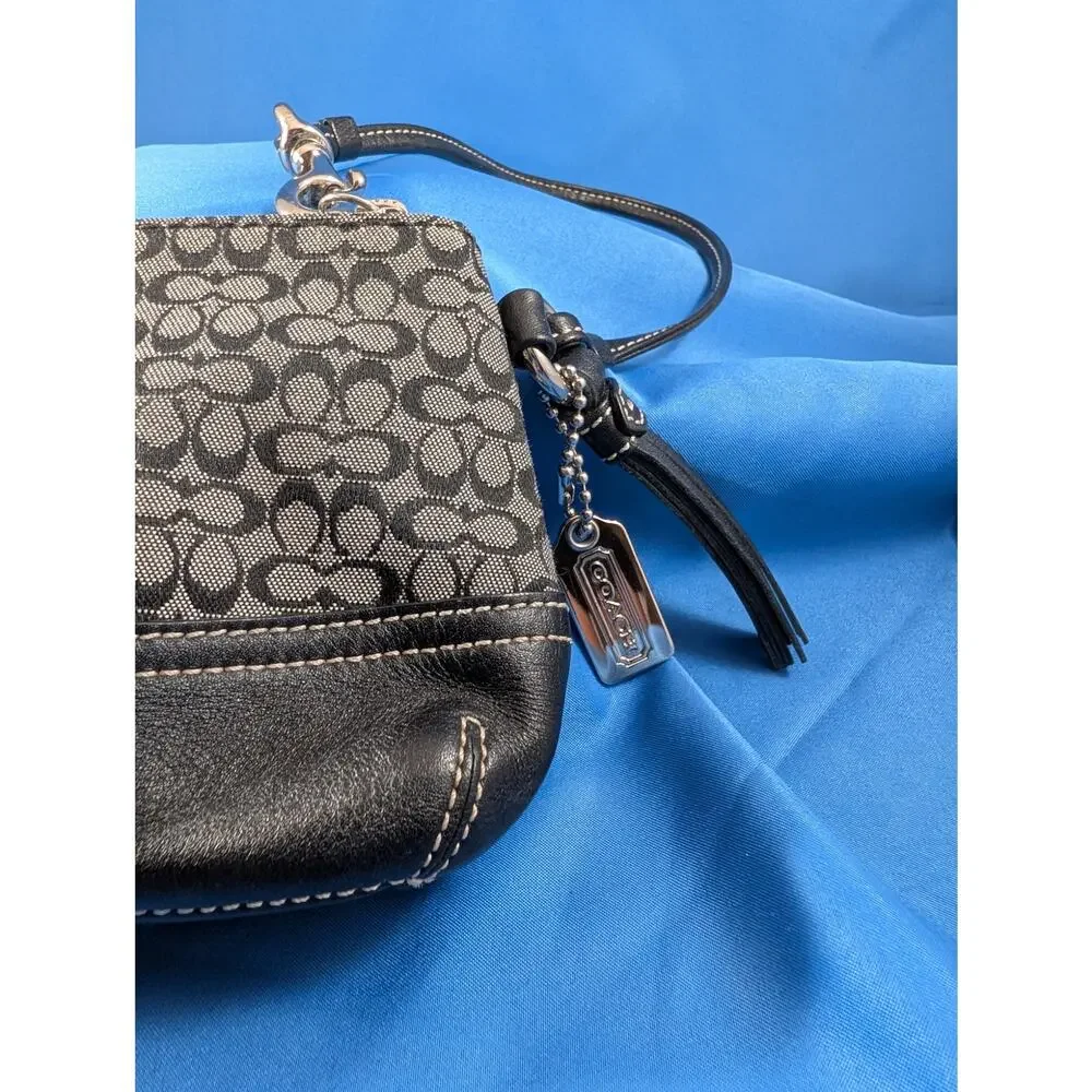Coach Vintage Signature Kissing C Logo Mini Wristlet Black Gray Canvas Leather